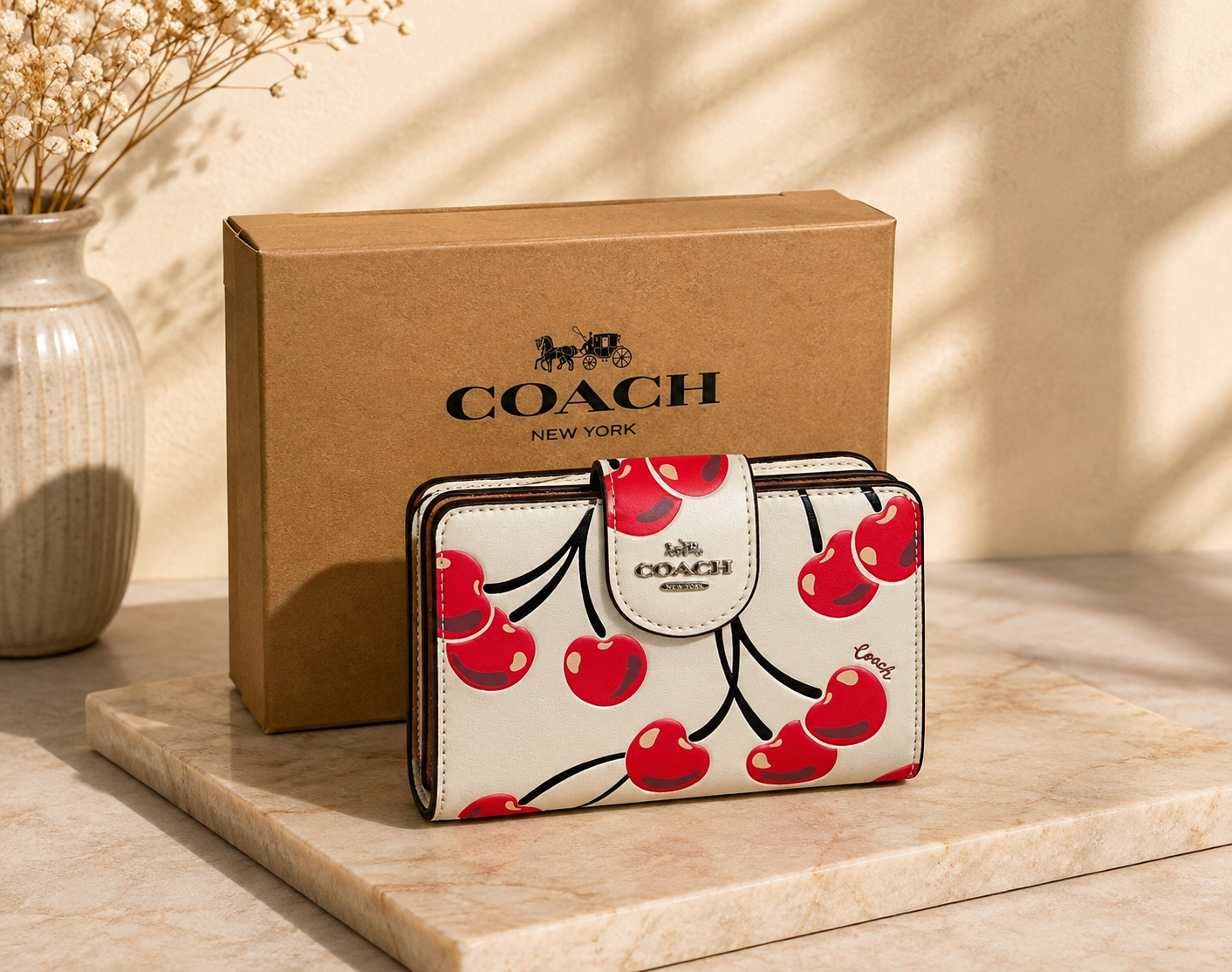 Coach Medium Corner Zip Wallet With Cherry Print Chalk Multi CZ762 Outlet New