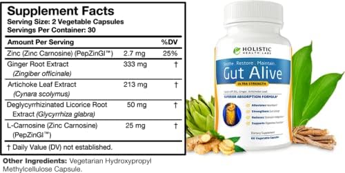 Holistic Health Labs Gut Alive - All Natural Support to Fight IBS, Heartburn, Acid Indigestion, Acid Reflux, Bloating & Gas. Unique Formulation (60 Count