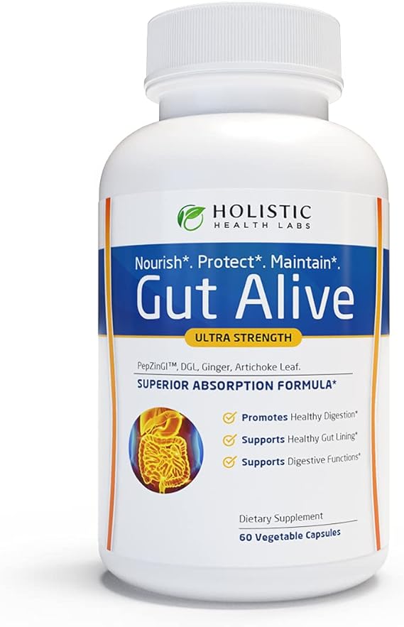 Holistic Health Labs Gut Alive - All Natural Support to Fight IBS, Heartburn, Acid Indigestion, Acid Reflux, Bloating & Gas. Unique Formulation (60 Count