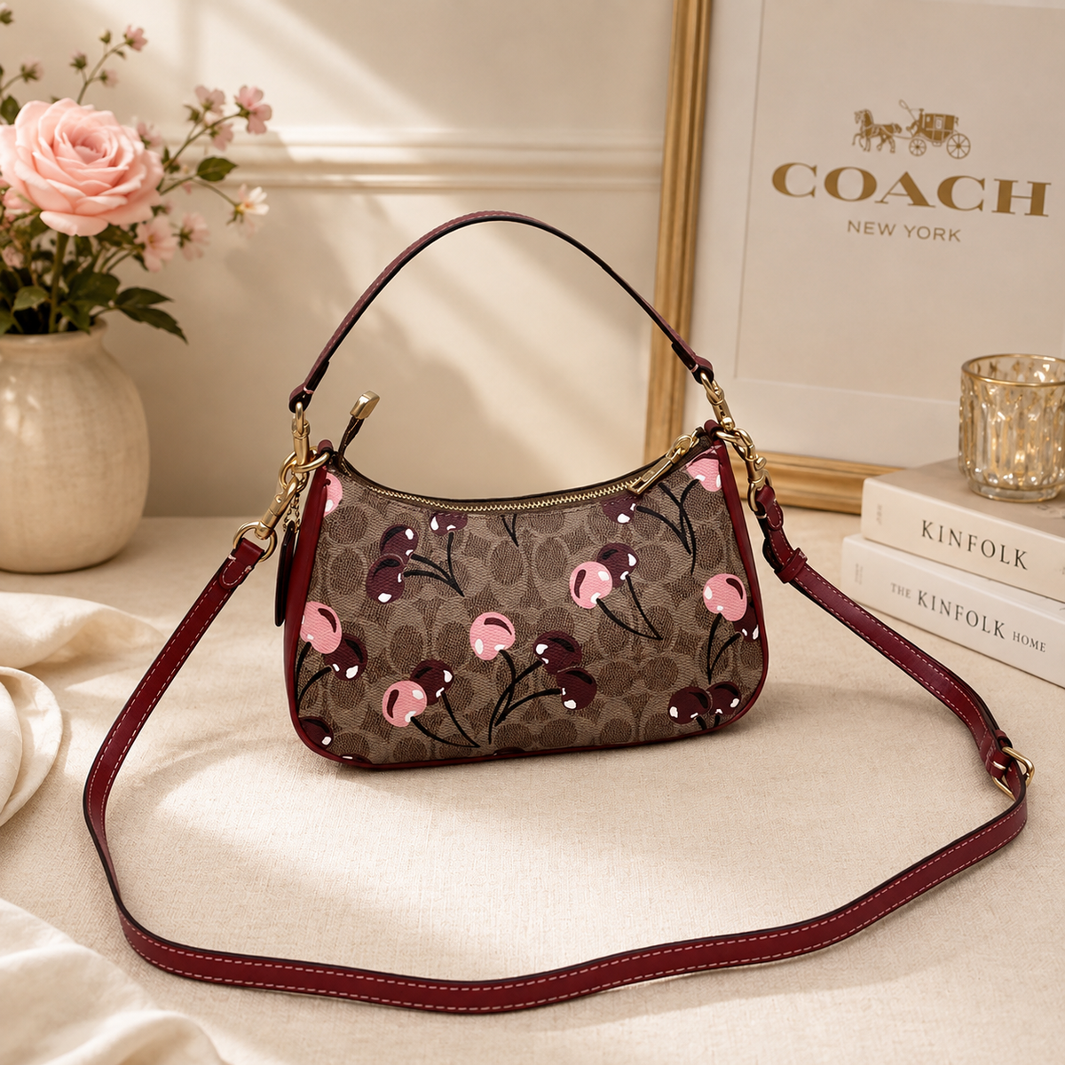COACH CY694 Teri Shoulder Bag Signature Canvas Cherry Print Tan Brown NWT