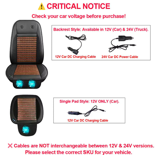 12VCar Bamboo Cooling Seat Cover With 2 Fan 12V Summer Bamboo Fast Ventilated Seat Pad Cushion Backrest & Cushion