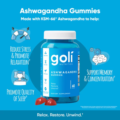 Goli Ashwagandha Vegan Gummies, KSM-66 & Vitamin D, 60 Count