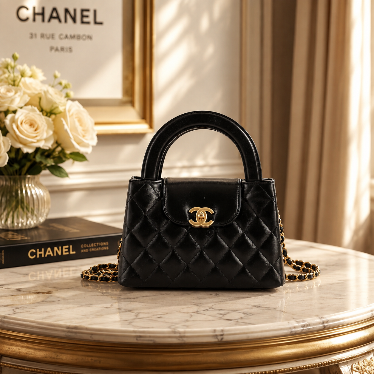 Chanel Kelly Top Handle Shopping Bag Quilted Shiny Aged Calfskin Mini