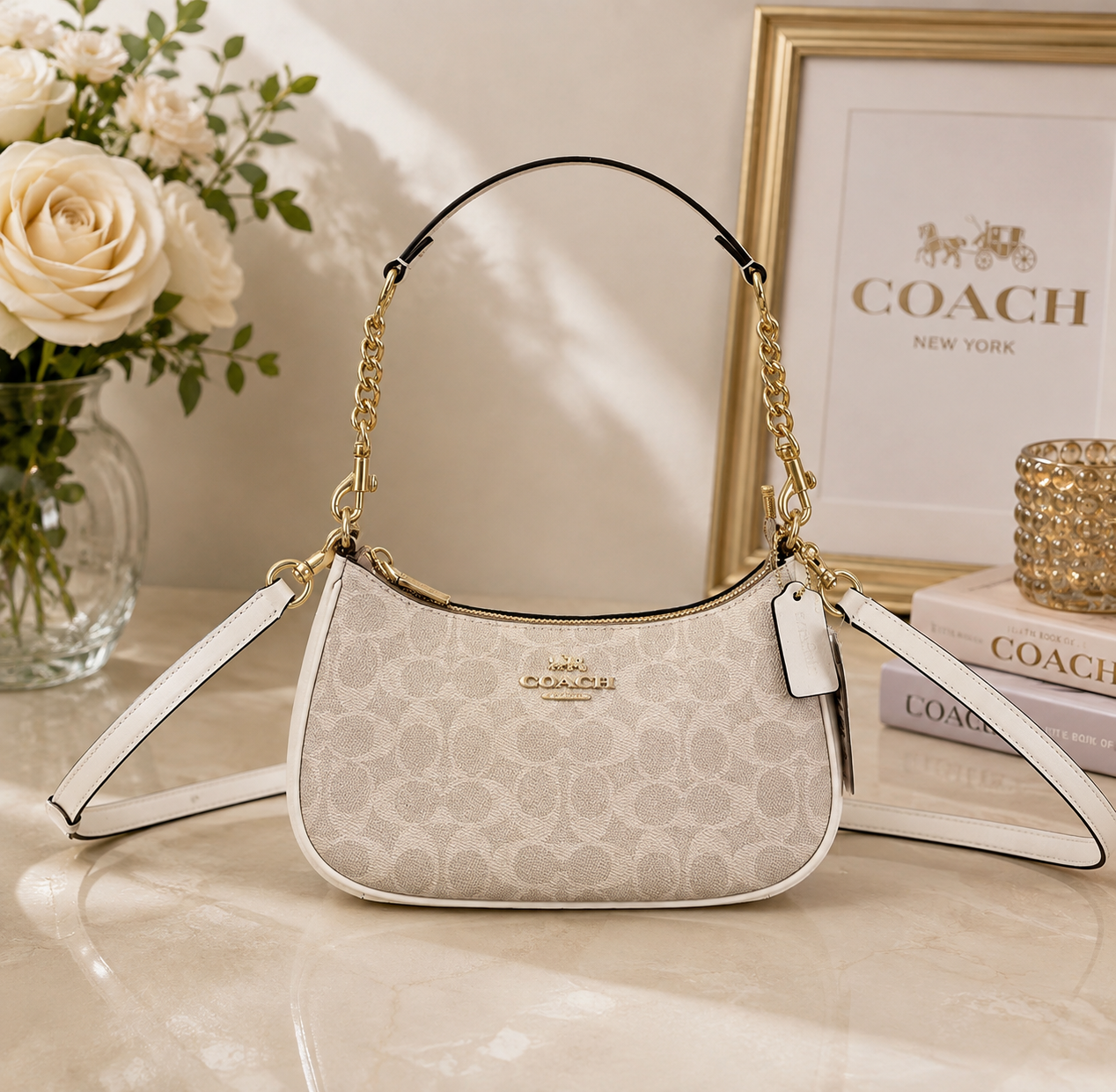 Coach NWT Teri Shoulder Bag In Signature Canvas CV933 Gold/Sand/Chalk